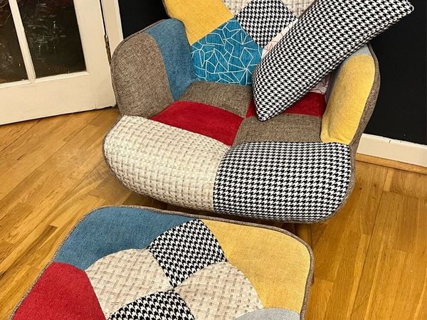 Patch work arm chair with footstool & cushion - Main image