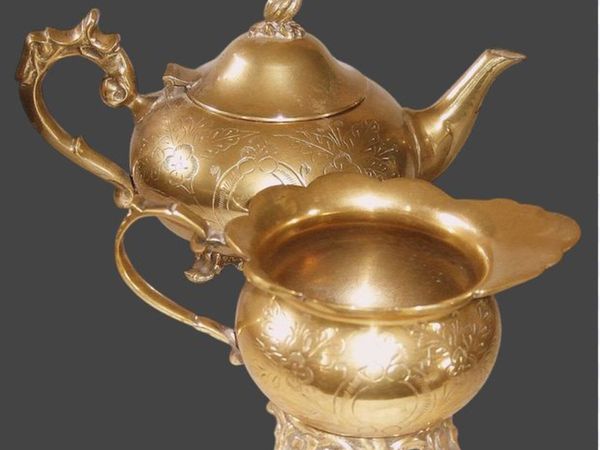 Vintage Ornate Hand-Chased Brass Tea Set Duo - Main image