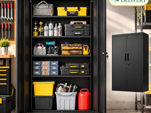 BLACK METAL STORAGE CABINET – LOCKABLE STEEL CUPBO - Main image