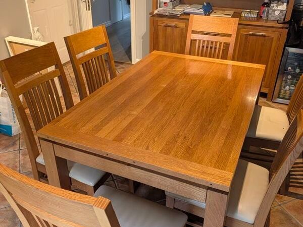 Complete Solid Oak Dining & Living Room Set Table & 6 Chairs, Dresser & Bookcase - Main image