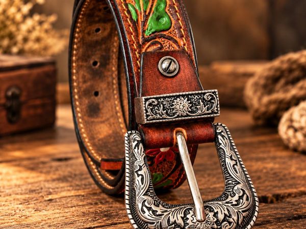 Western Tooled Leather Belt Floral Cowboy Belt - Main image