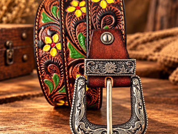 Western Tooled Leather Belt Floral Cowboy Belt - Main image