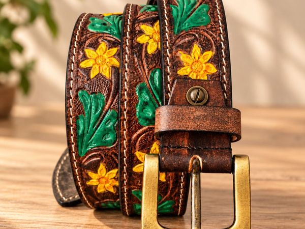 Western Leather Belt Floral Tooled Cowboy Belt - Main image