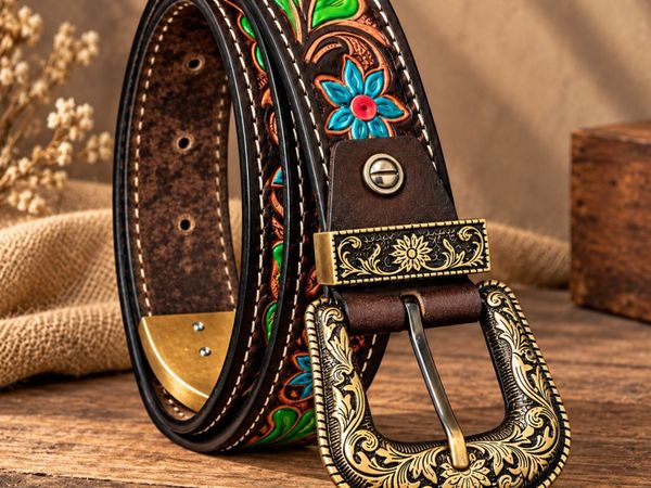 Western Leather Belt Floral Tooled Cowboy Belt - Main image