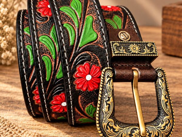 Western Leather Belt Embossed Cowboy Belt - Main image