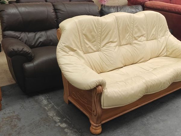 3 Seater Cream Leather Couch - Main image
