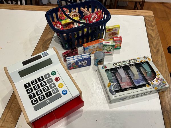 Childs Cash Register, Money, & Basket of Groceries - Main image