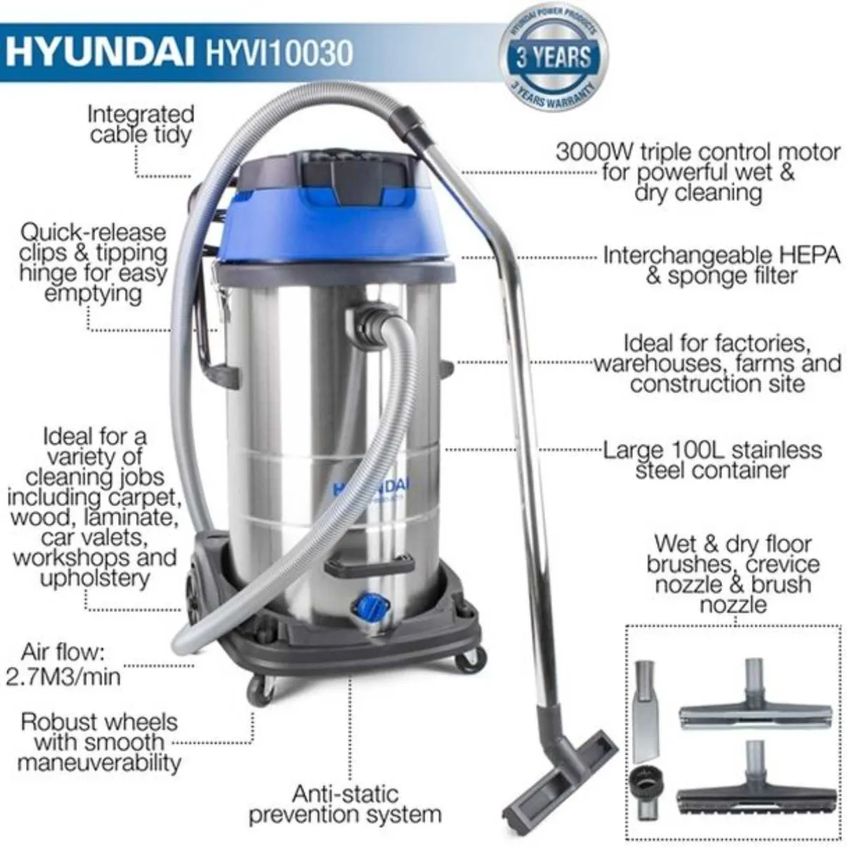 Hyundai 3000W  3-In-1 Wet And Dry Vacuum Cleaner - Image 2