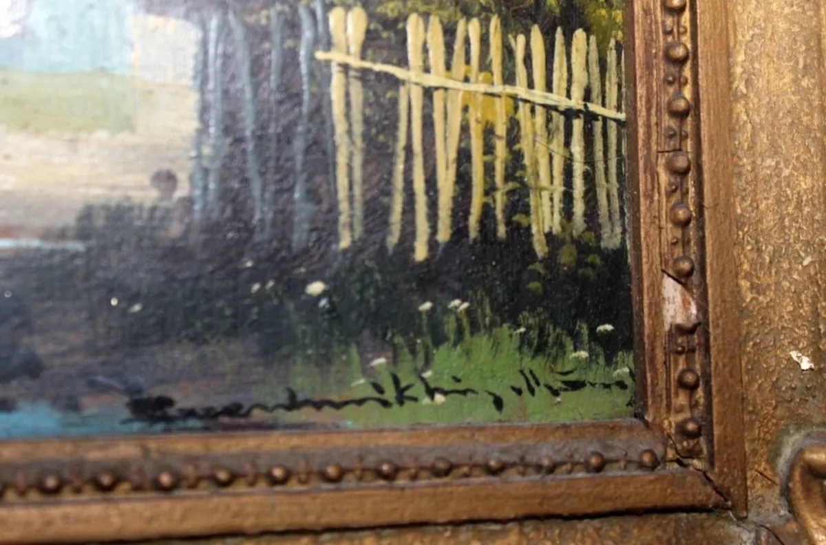 Antique oil painting of a thatched cottage - Image 2