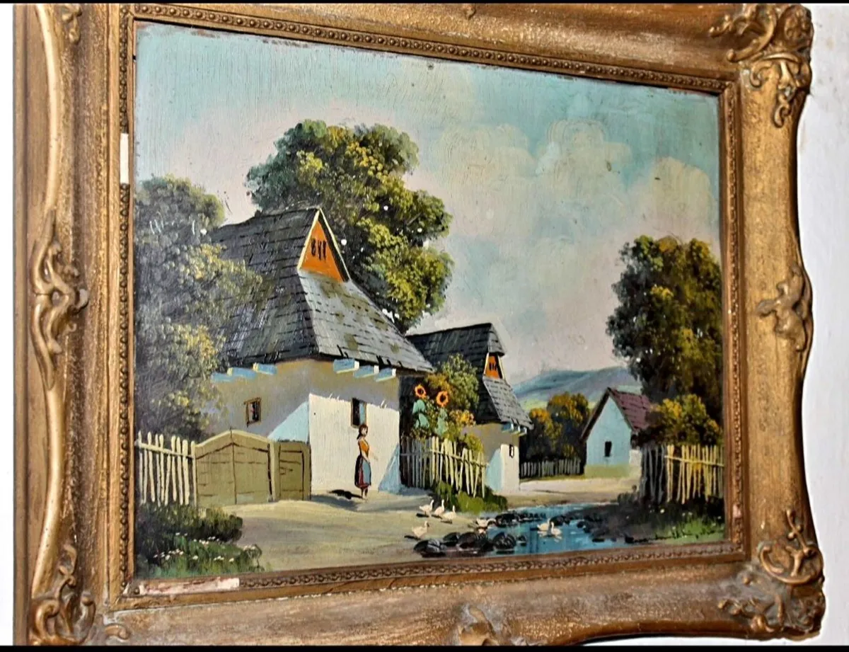 Antique oil painting of a thatched cottage - Image 1