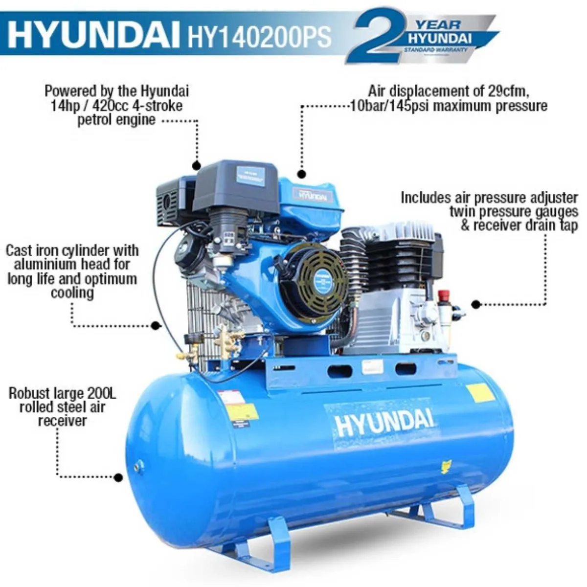 Hyundai 200L Litre Air Compressor, 29CFM/145psi - Image 4