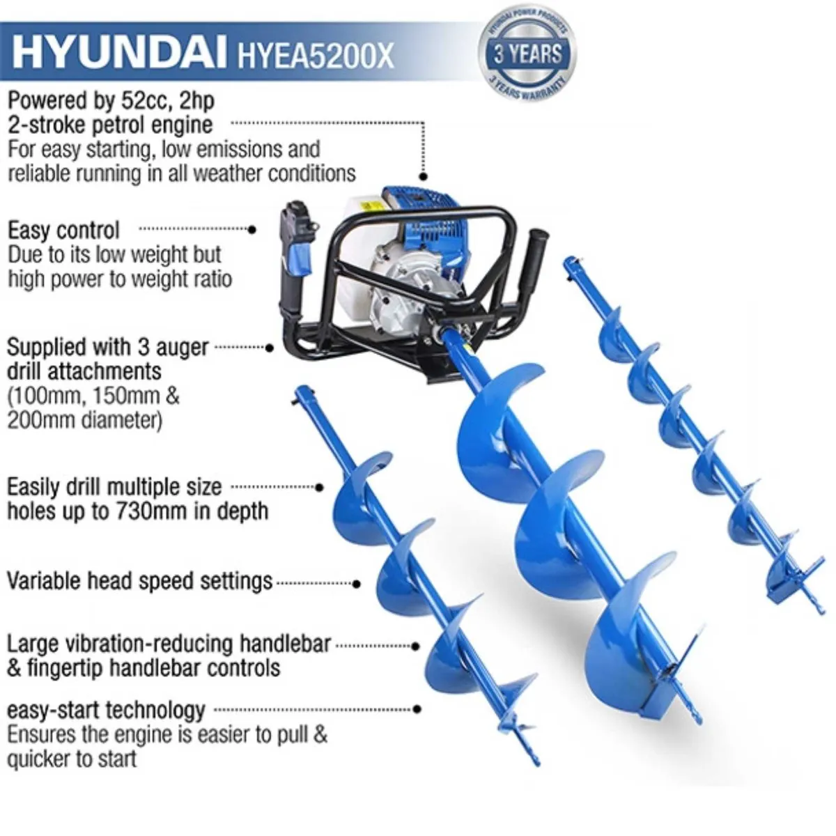 Hyundai 52cc Petrol Earth Auger, Borer and Drill - Image 4