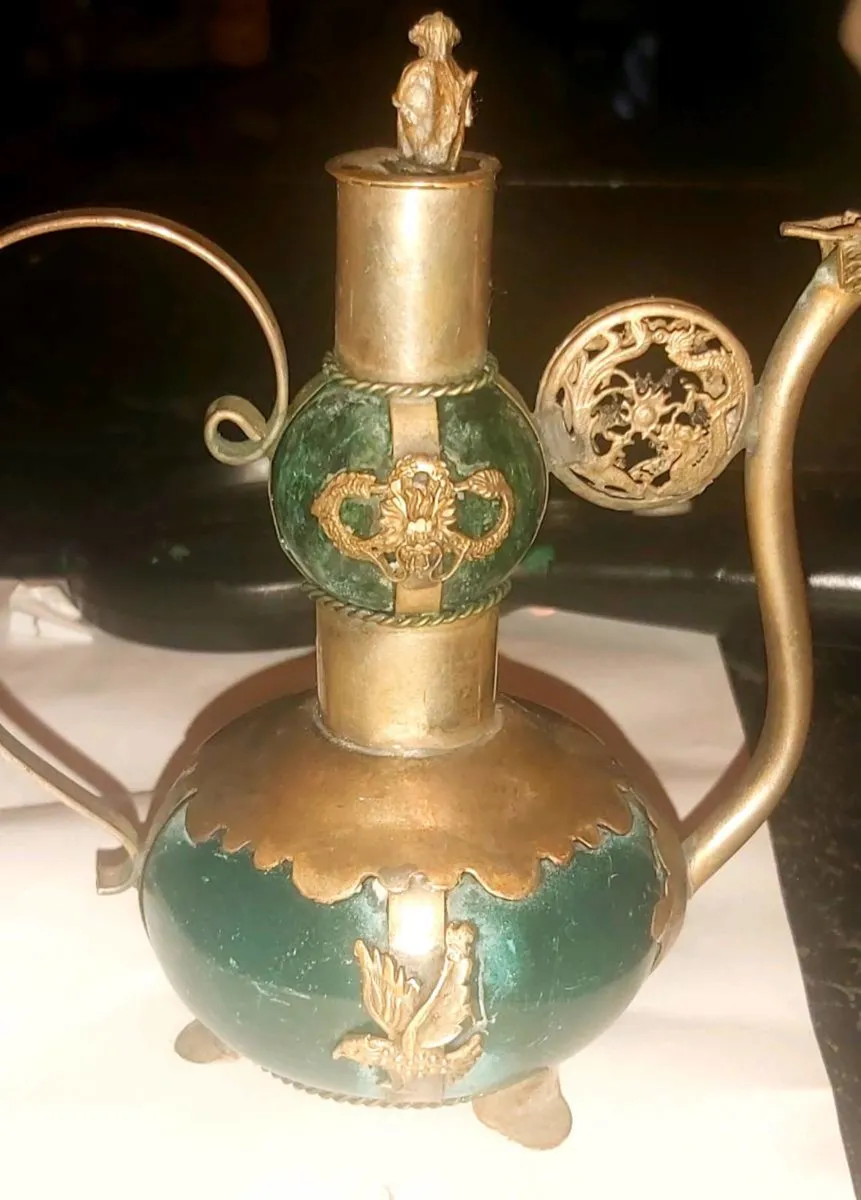 Antique Tibetan silver and green stone teapot - Image 1