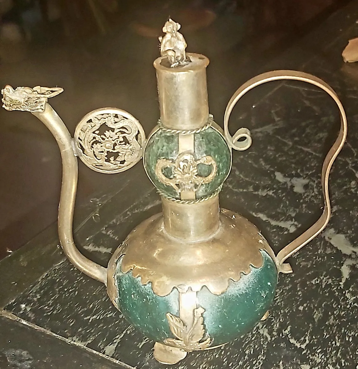 Antique Tibetan silver and green stone teapot - Image 2