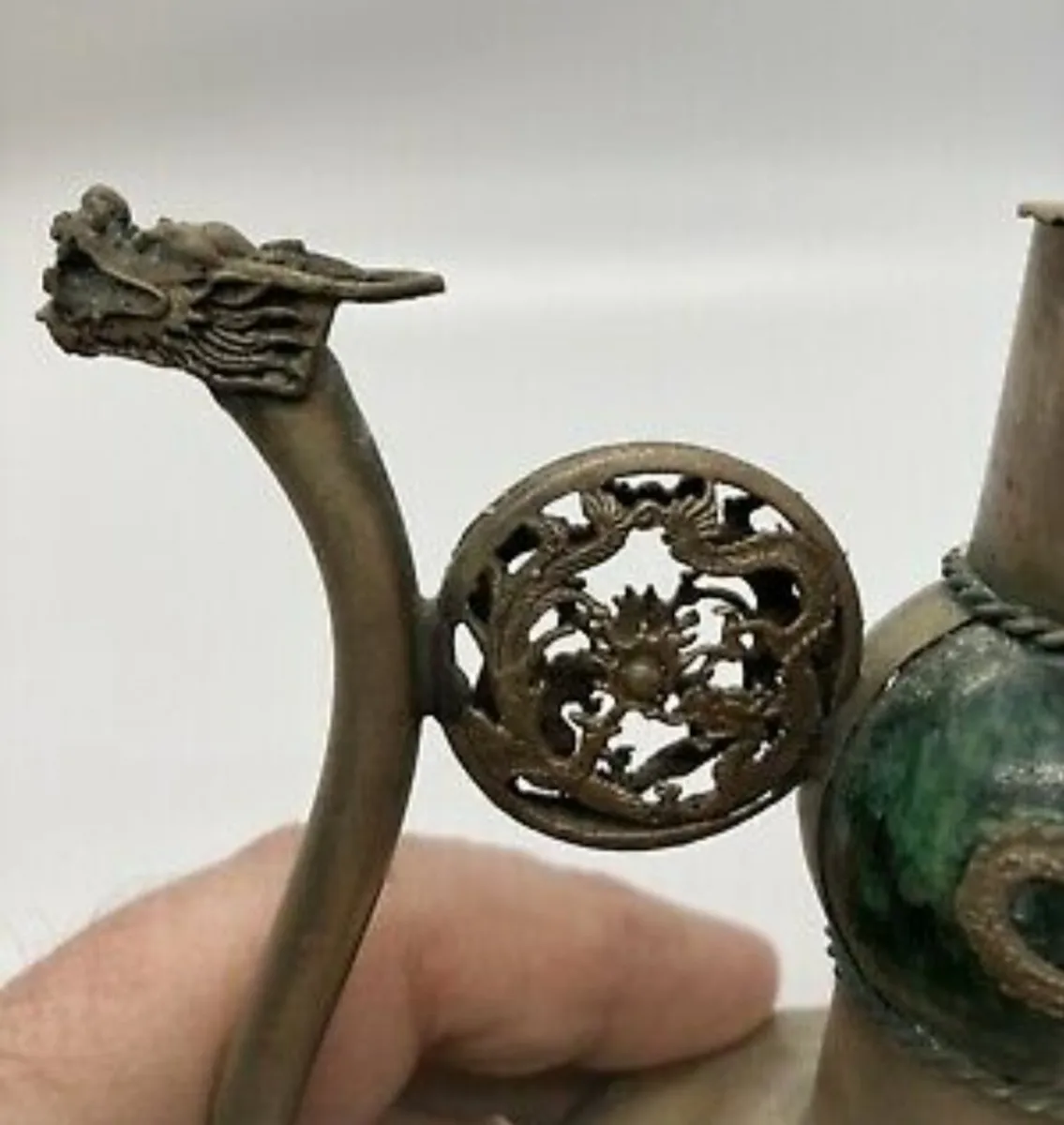 Antique Tibetan silver and green stone teapot - Image 3