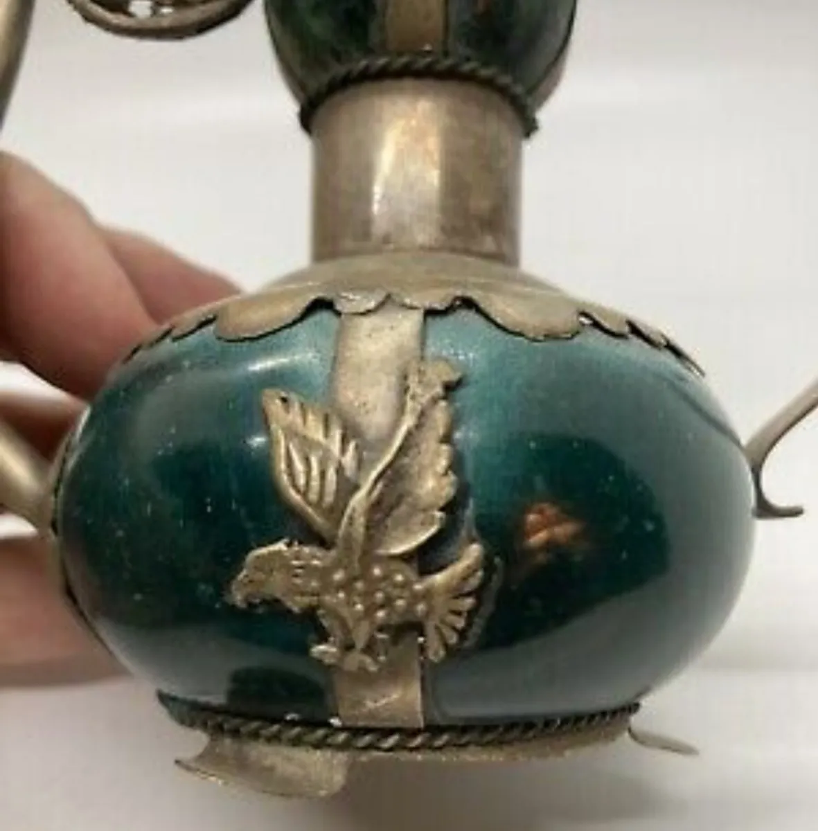 Antique Tibetan silver and green stone teapot - Image 4