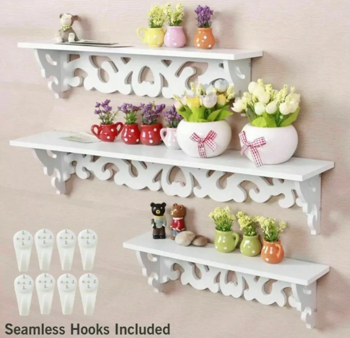 Set of 3 White Floating Wall Shelves Wooden NEW - Image 1