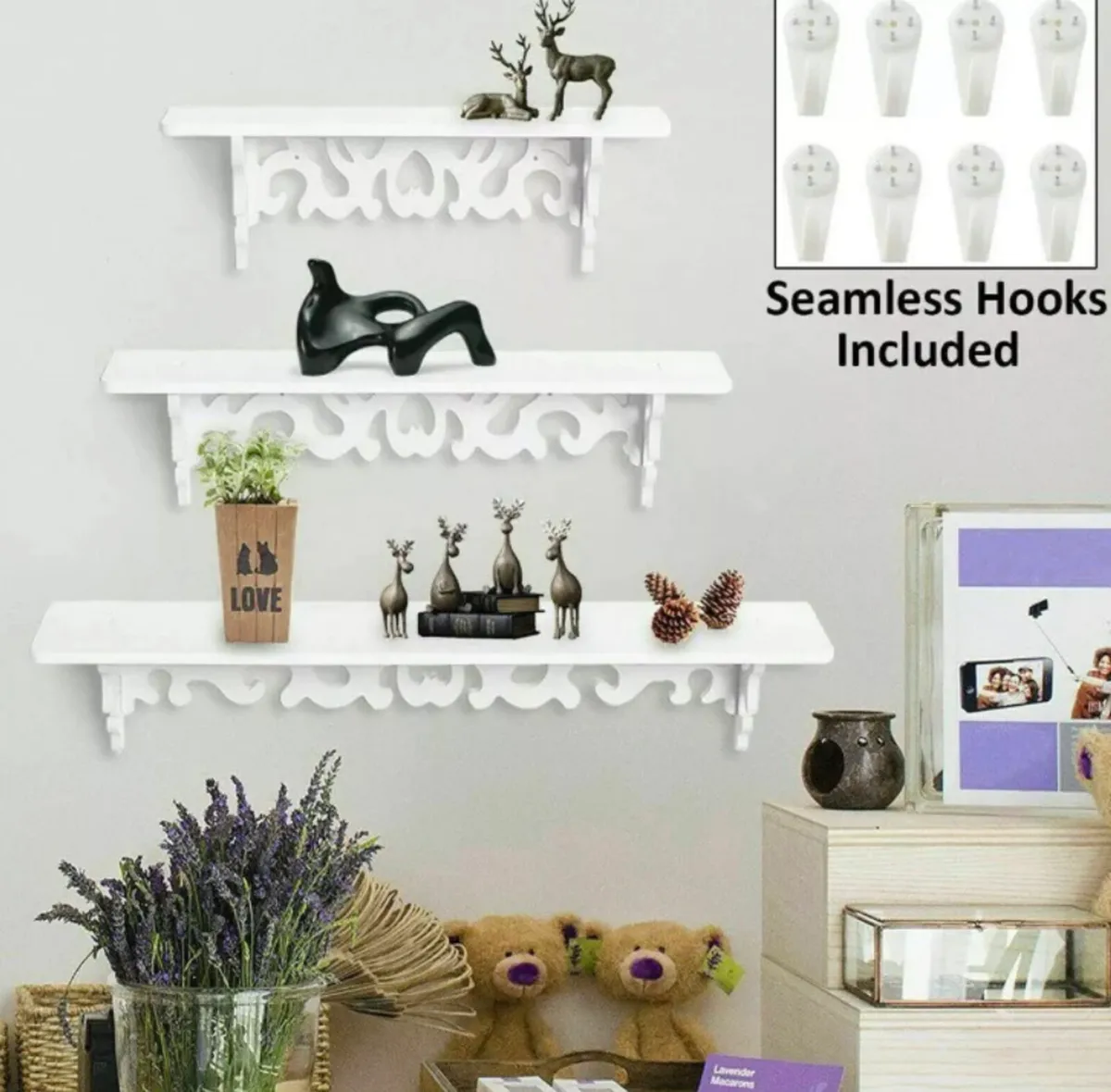 Set of 3 White Floating Wall Shelves Wooden NEW - Image 4