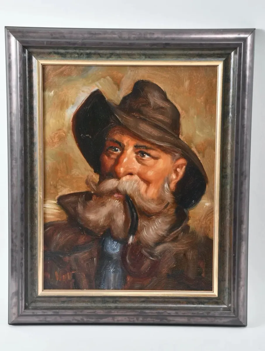 Antique oil painting of a man with pipe - Image 1