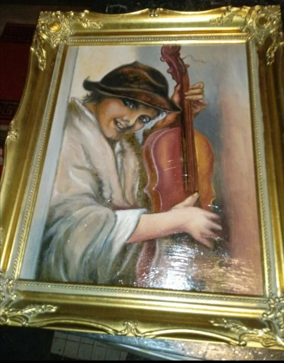 Antique oil painting boy with insturment - Image 1