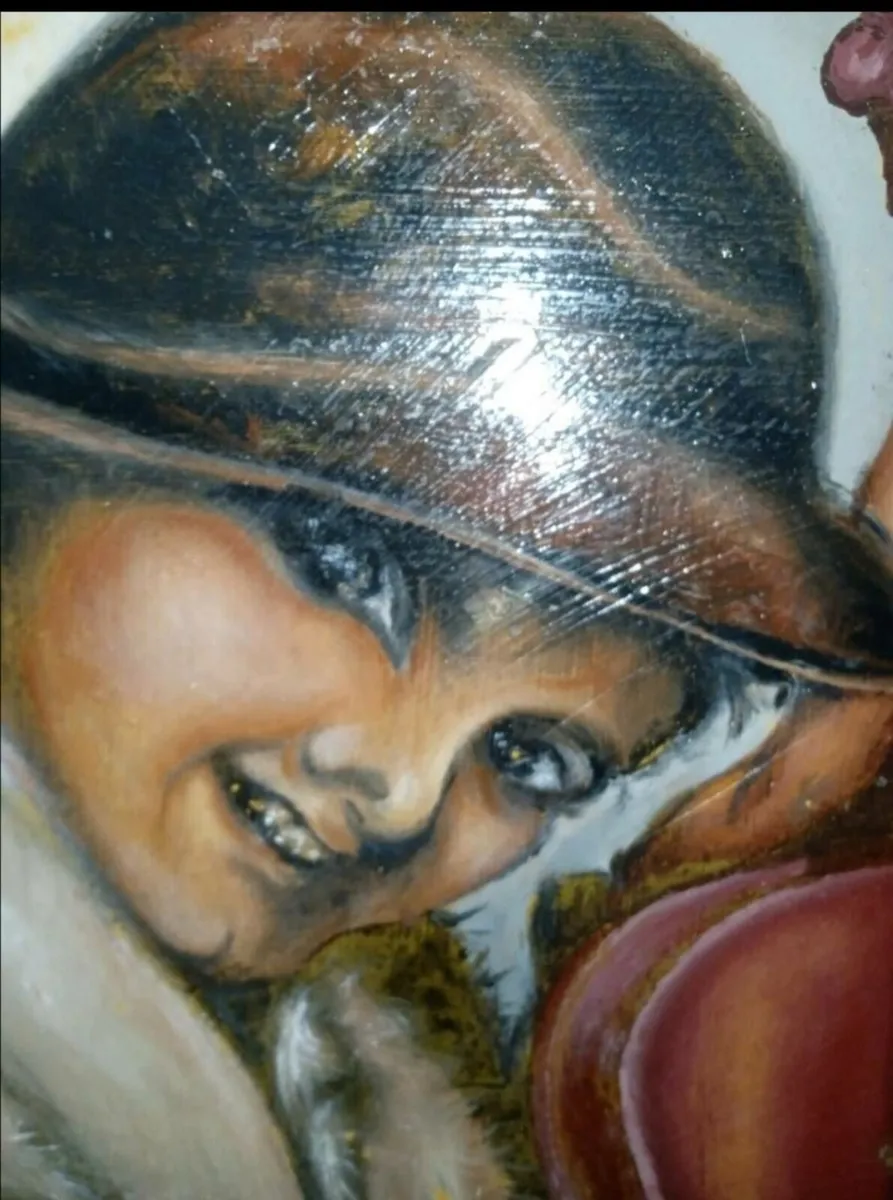 Antique oil painting boy with insturment - Image 2