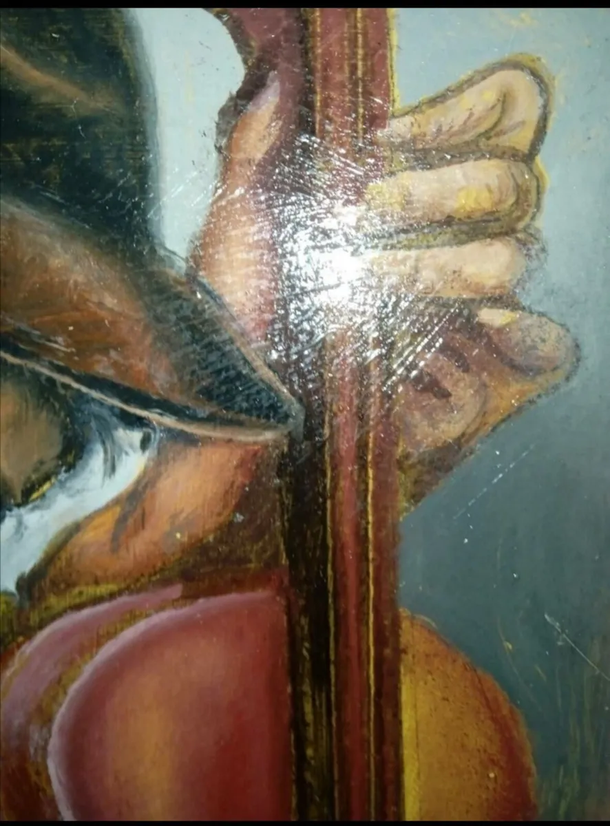 Antique oil painting boy with insturment - Image 3