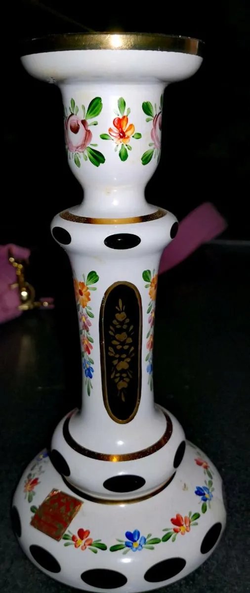 Bohemian green glass candle holder with label - Image 1