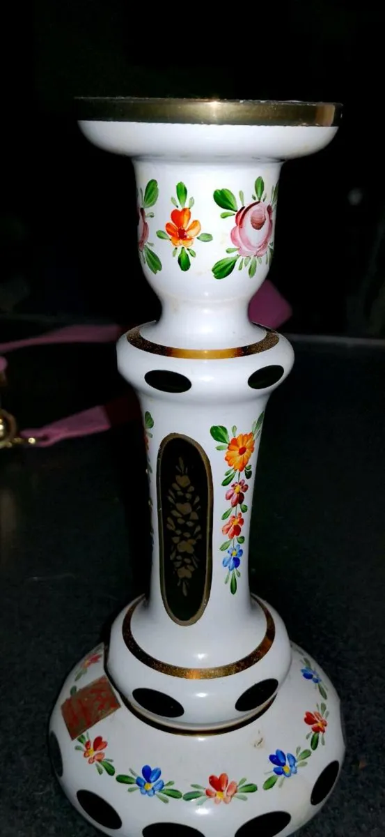 Bohemian green glass candle holder with label - Image 2