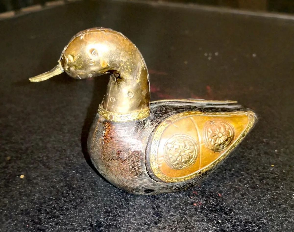 Rare Vintage hand crafted wooden and brass duck - Image 1