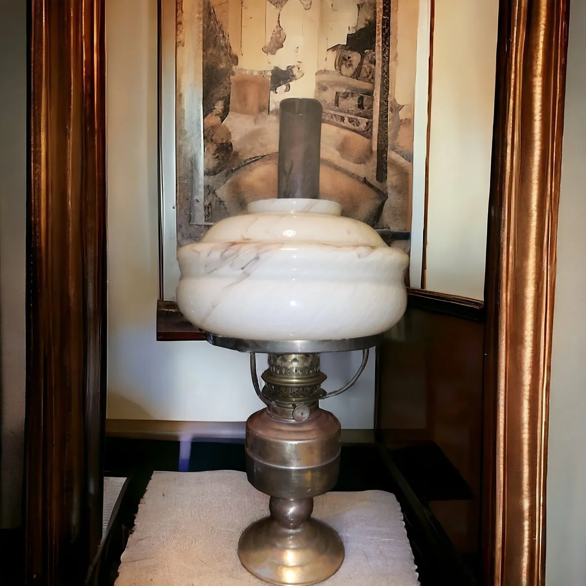 Brass oil lamp with glass art deco shade - Image 1