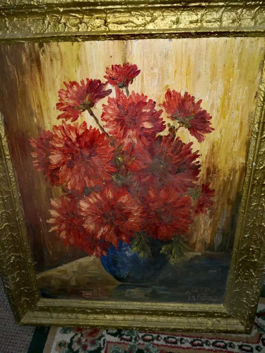 Large antique oil painting in heavy frame