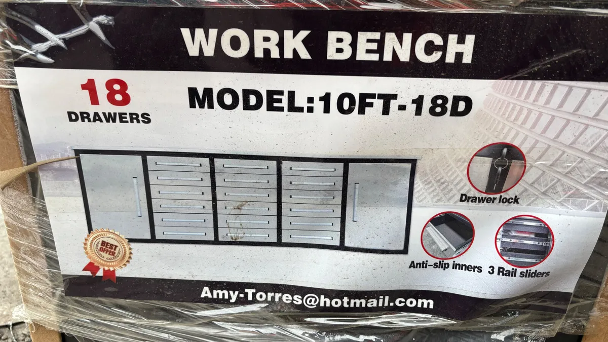 10’ Work Bench , 18 Drawers , 2 Cabinets - Image 4