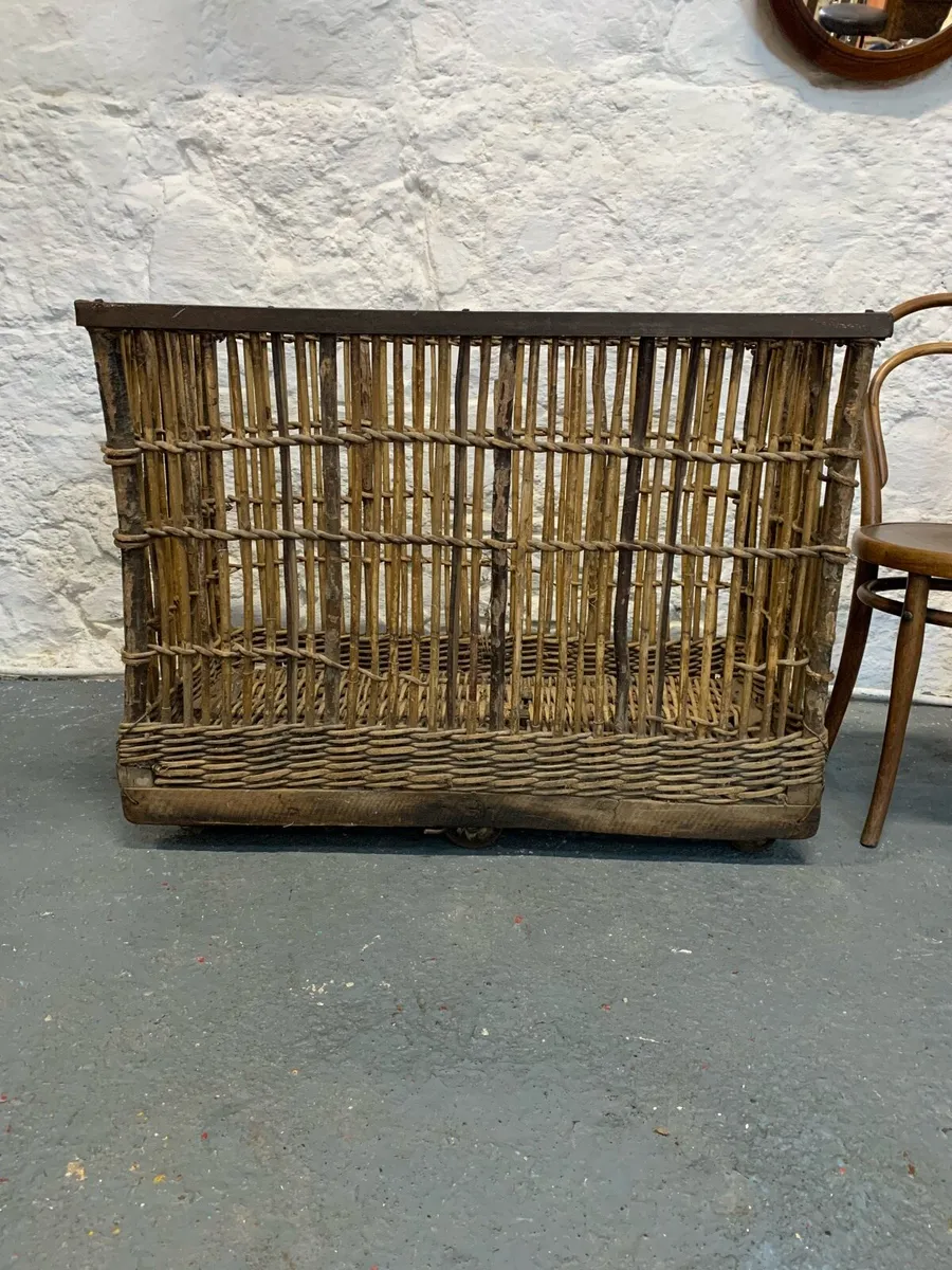 Victorian cane and metal laundry basket on wheels - Image 1