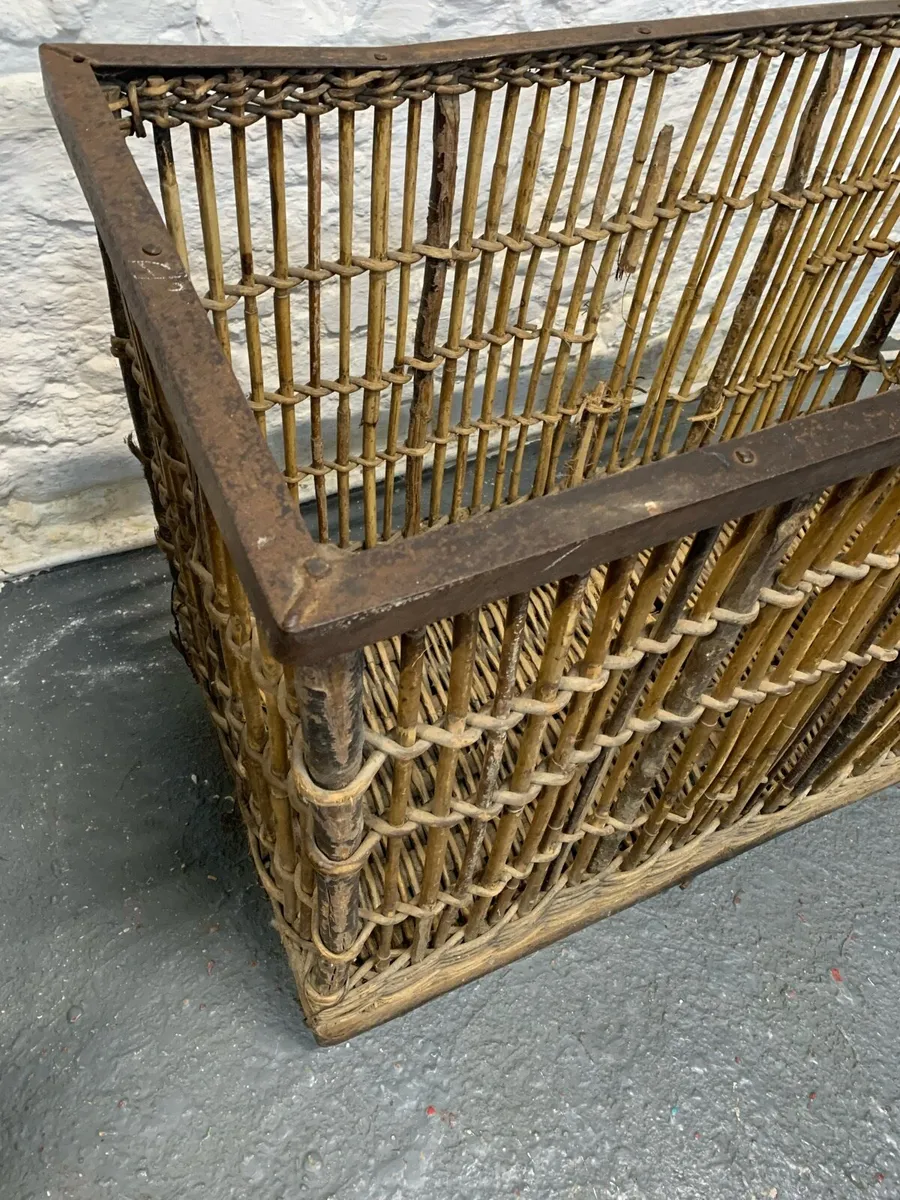 Victorian cane and metal laundry basket on wheels - Image 3