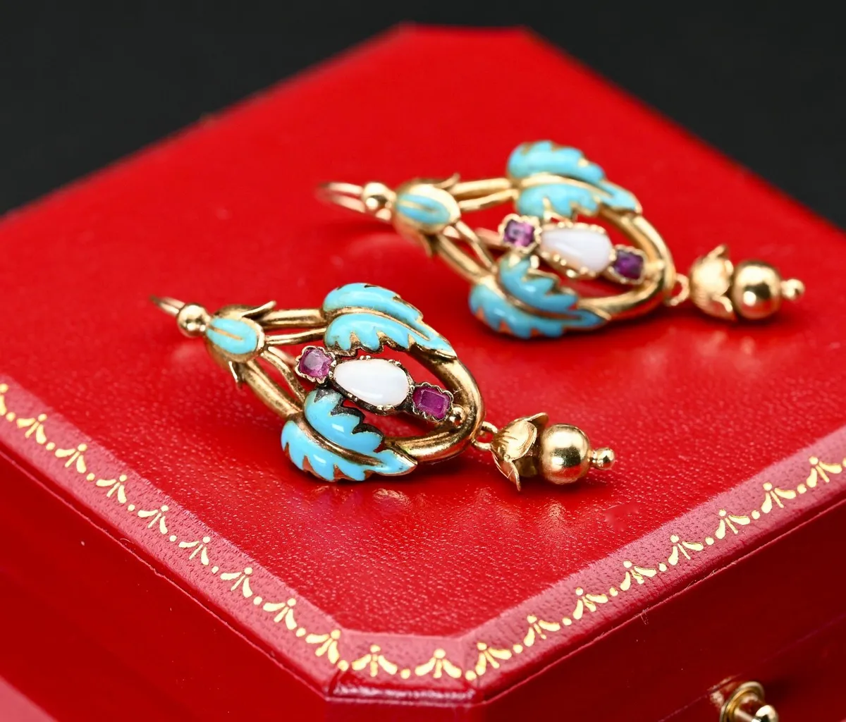 Antique Opal & Ruby Earrings - 18ct circa 1860 - Image 1