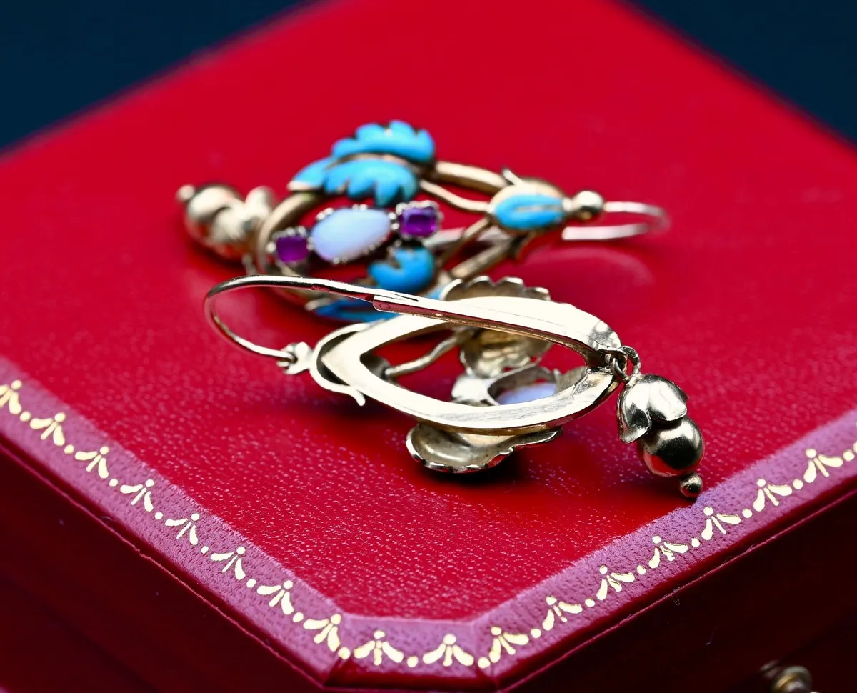 Antique Opal & Ruby Earrings - 18ct circa 1860 - Image 2