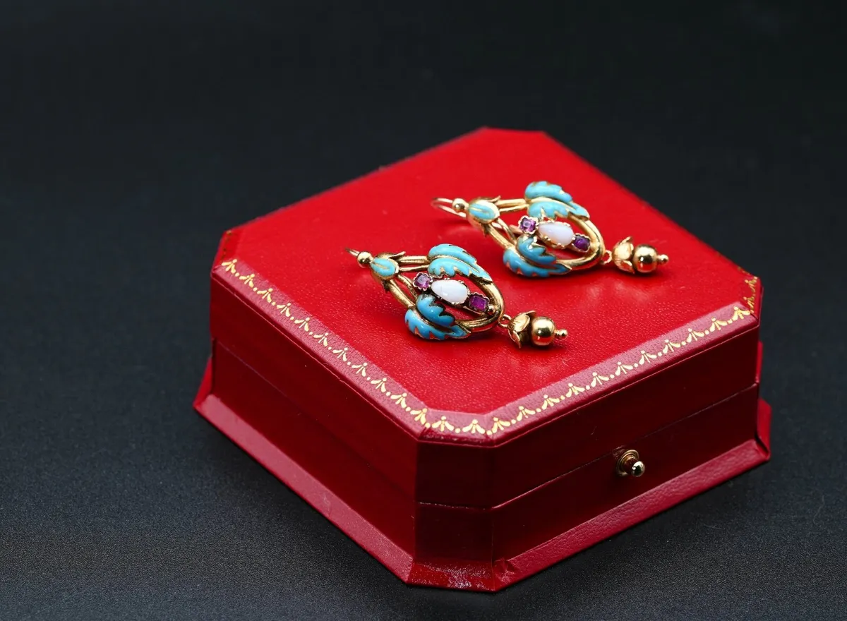Antique Opal & Ruby Earrings - 18ct circa 1860 - Image 3