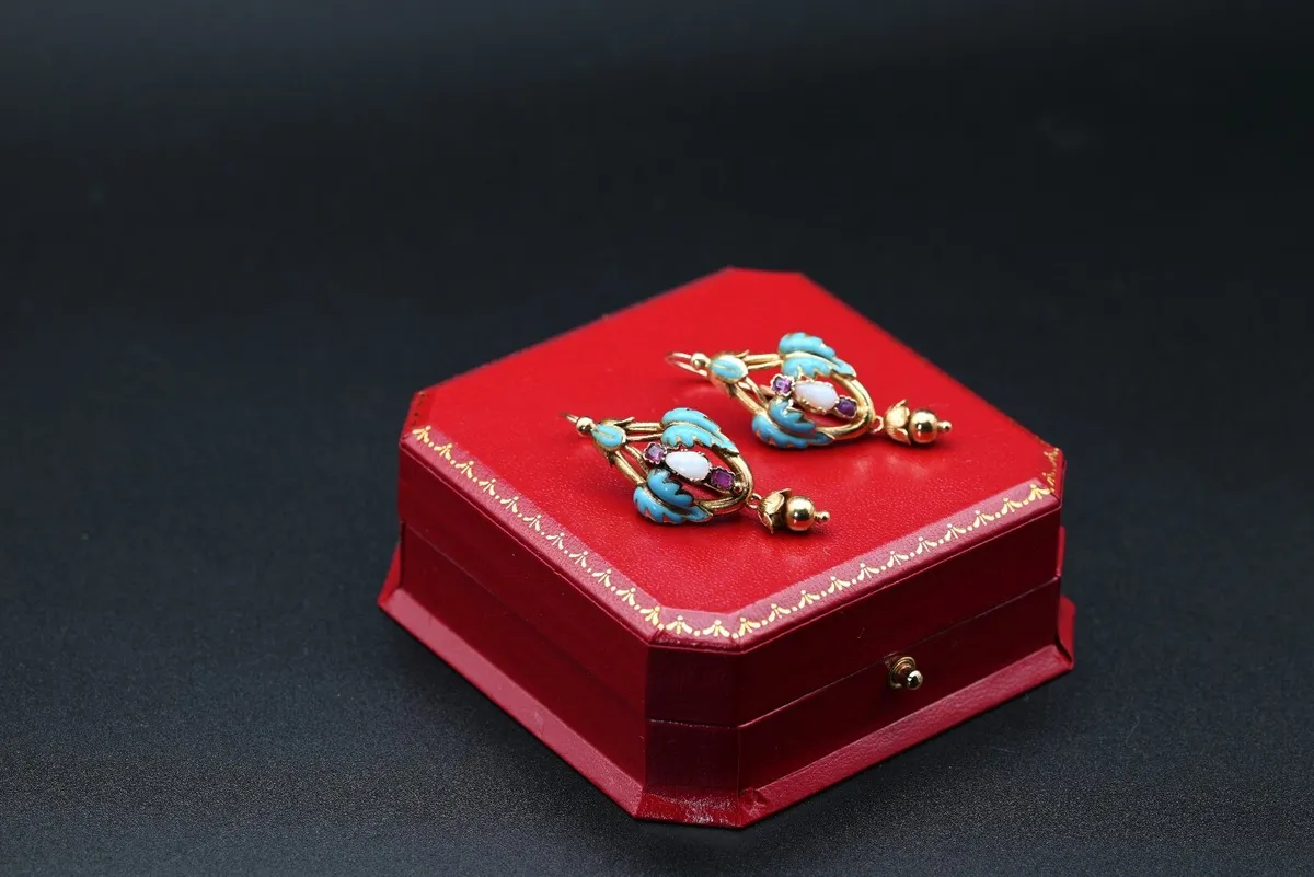Antique Opal & Ruby Earrings - 18ct circa 1860 - Image 4