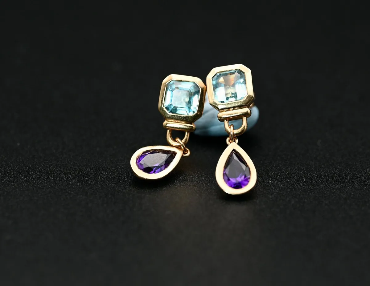 Vintage 1960/70 Topaz & Amethyst Earrings - 18ct - Image 2