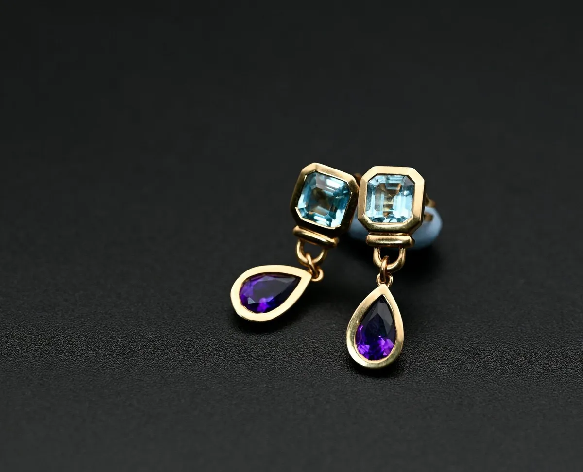 Vintage 1960/70 Topaz & Amethyst Earrings - 18ct - Image 4