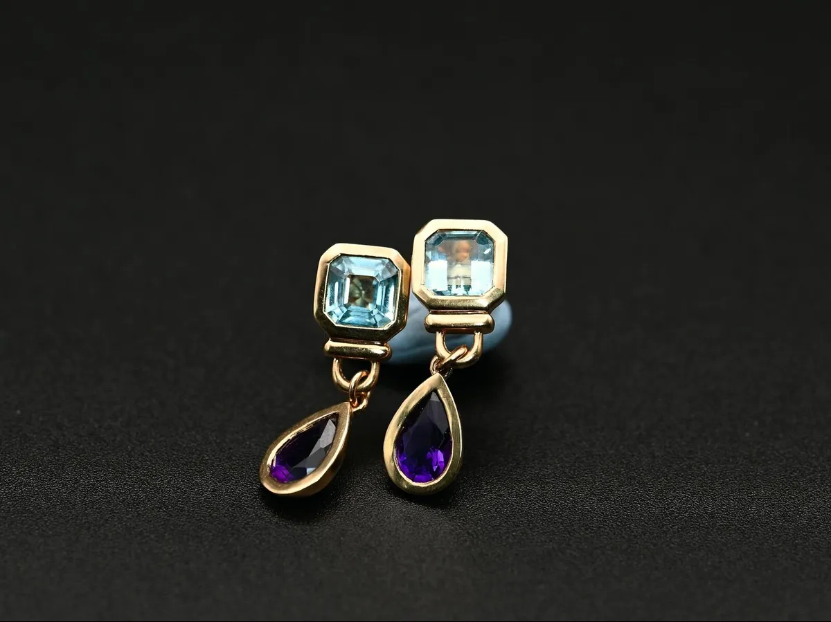 Vintage 1960/70 Topaz & Amethyst Earrings - 18ct - Image 1