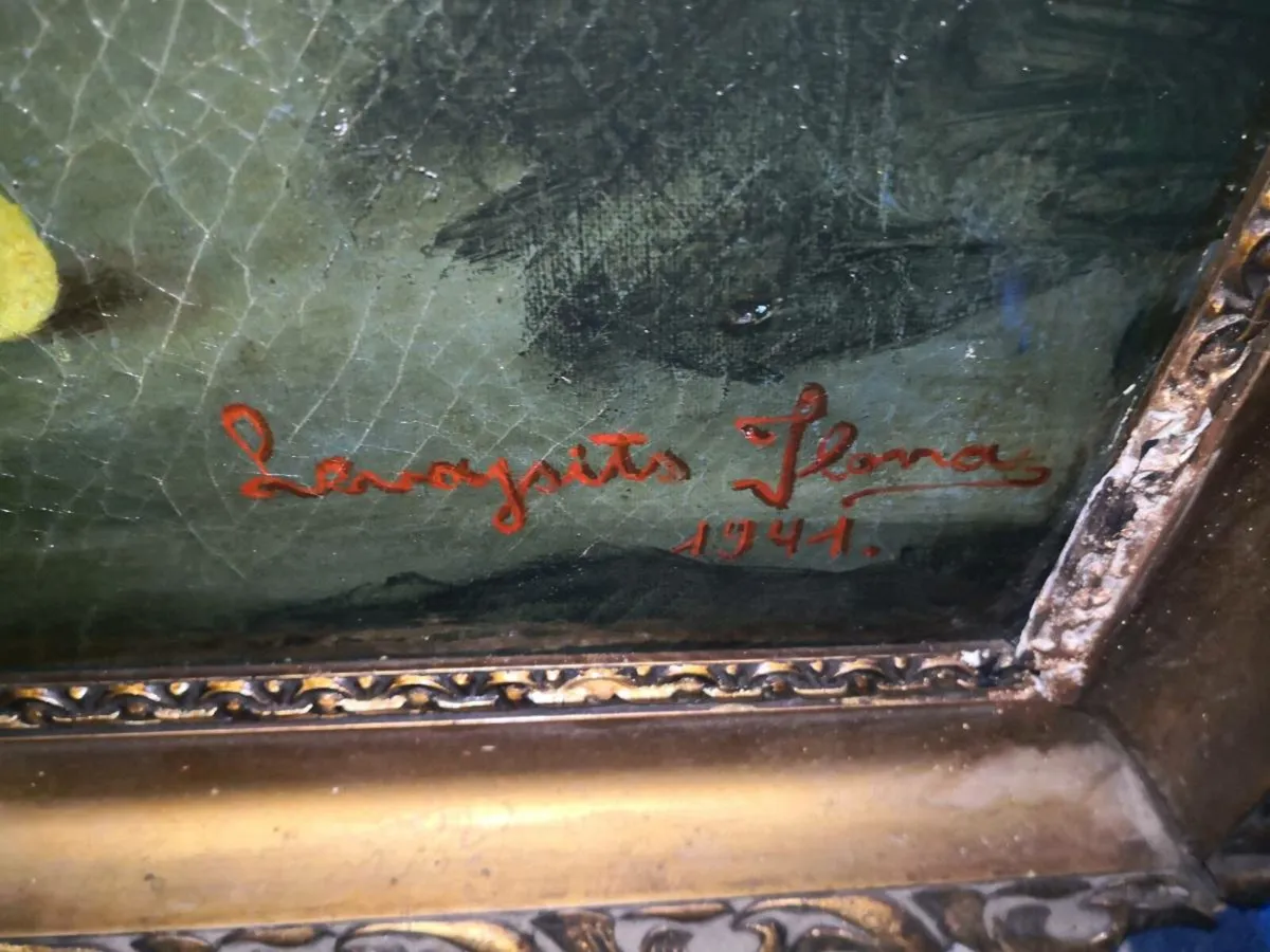 Antique heavy oil painting on canvas 1941 - Image 3