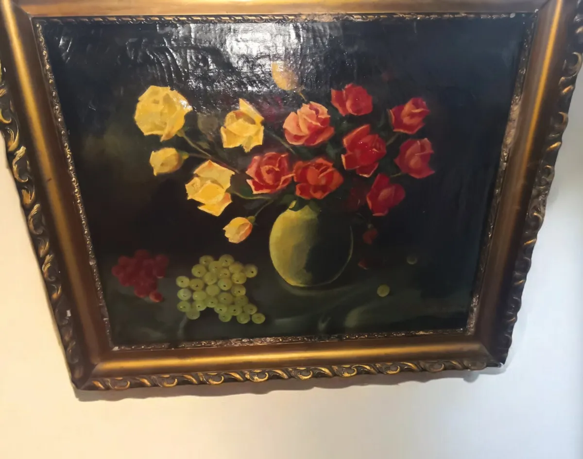 Antique heavy oil painting on canvas 1941 - Image 1