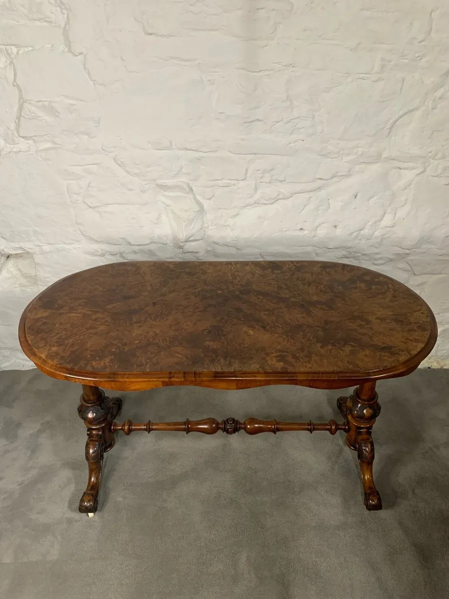 Victorian burr walnut stretcher table. - Image 2
