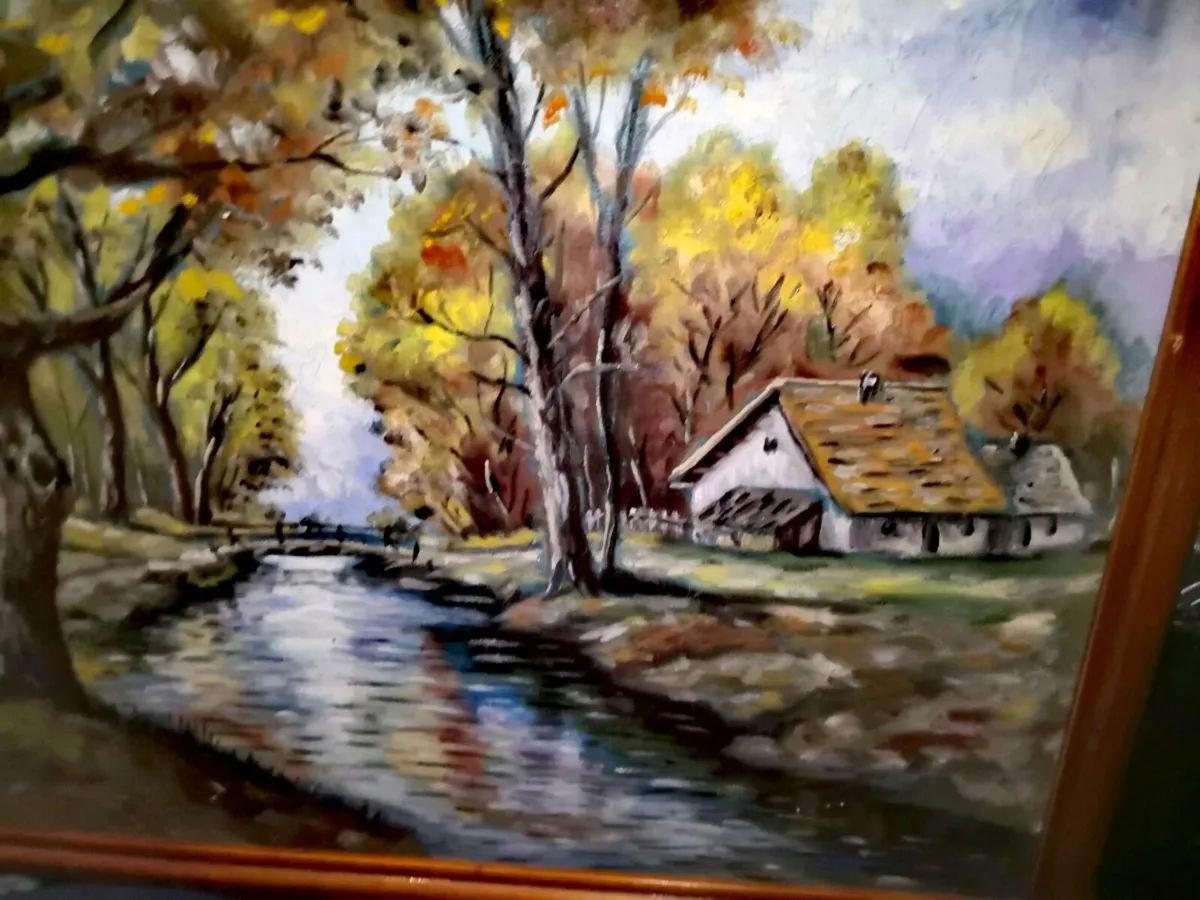 Large old oil painting with cottage on canvas - Image 3