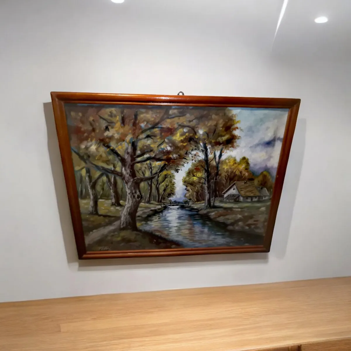 Large old oil painting with cottage on canvas - Image 1