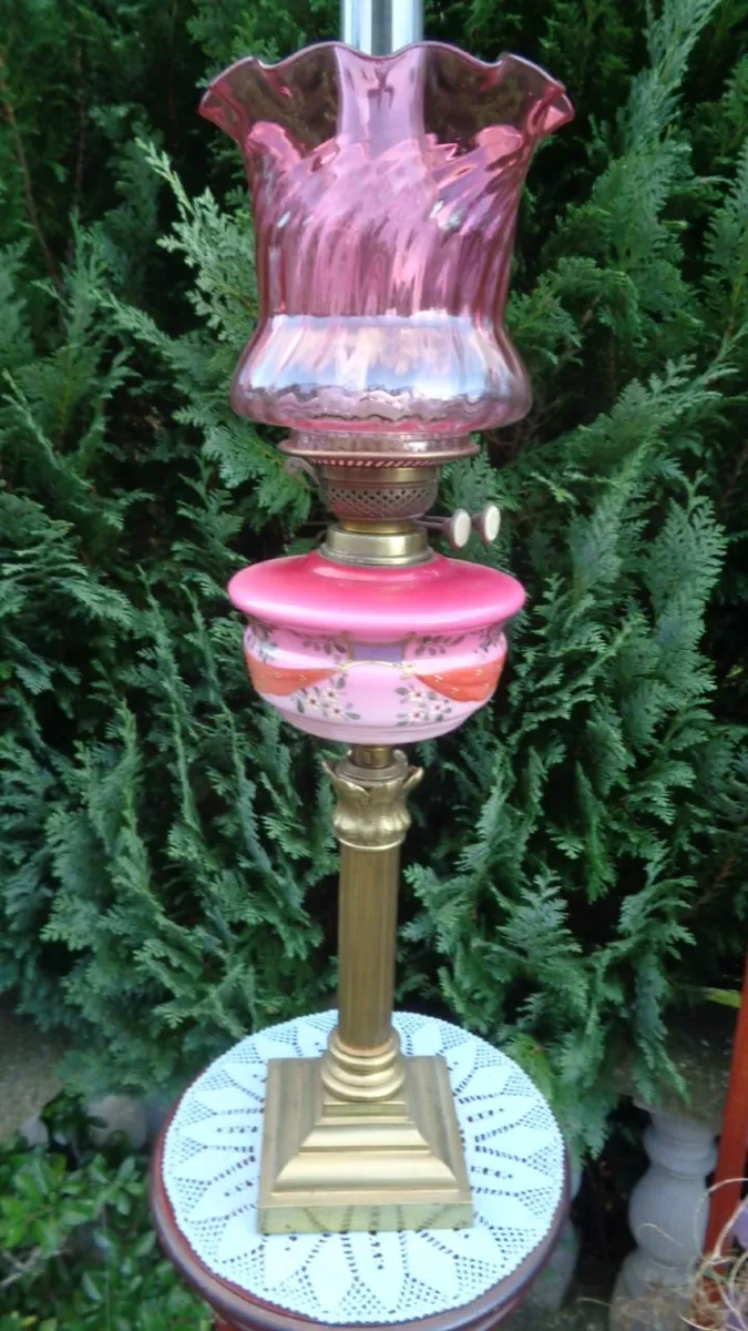 Genuine Victorian Cranberry twin duplex oil lamp. - Image 1