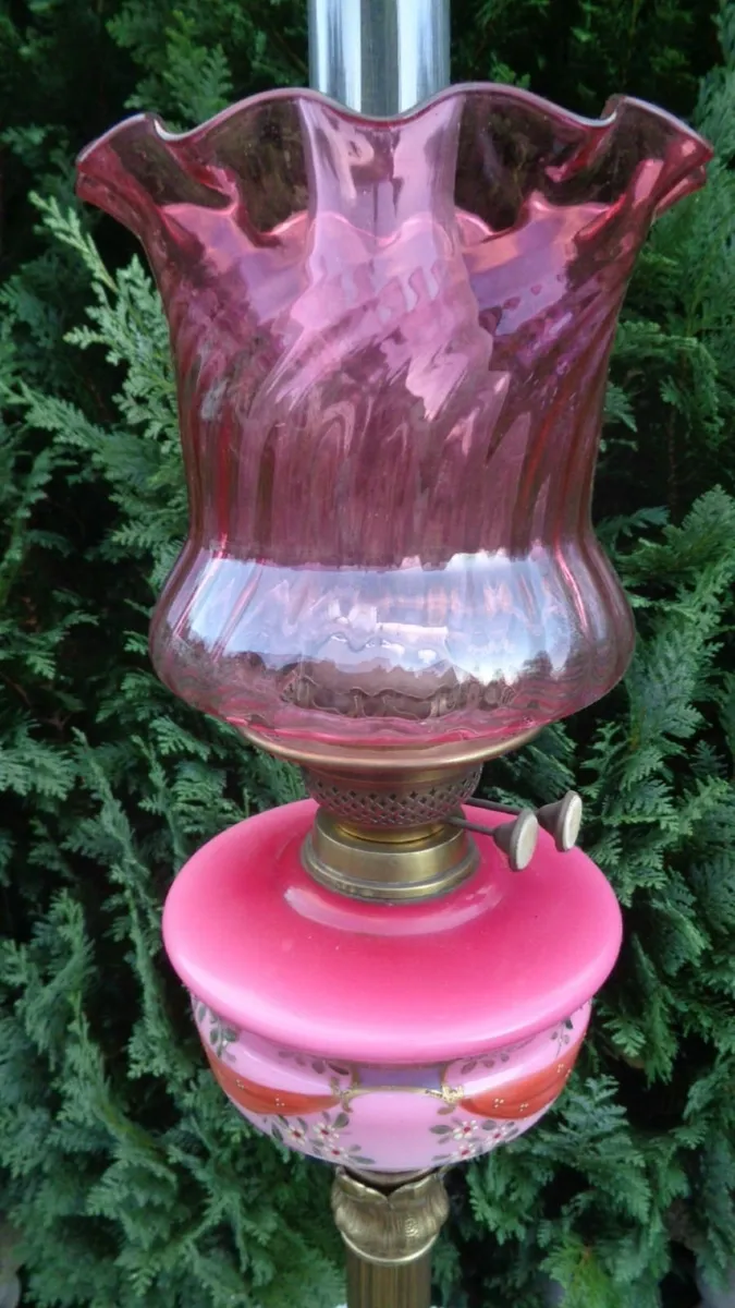 Genuine Victorian Cranberry twin duplex oil lamp. - Image 2