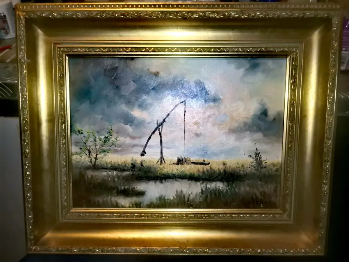 Old oil painting on canvas with a well - Image 1