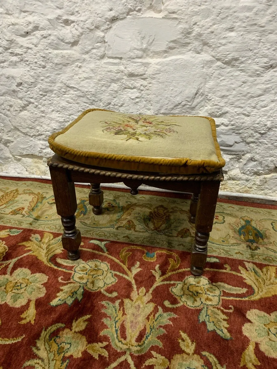 Vintage oak framed footstool & tapestry cushion. - Image 2
